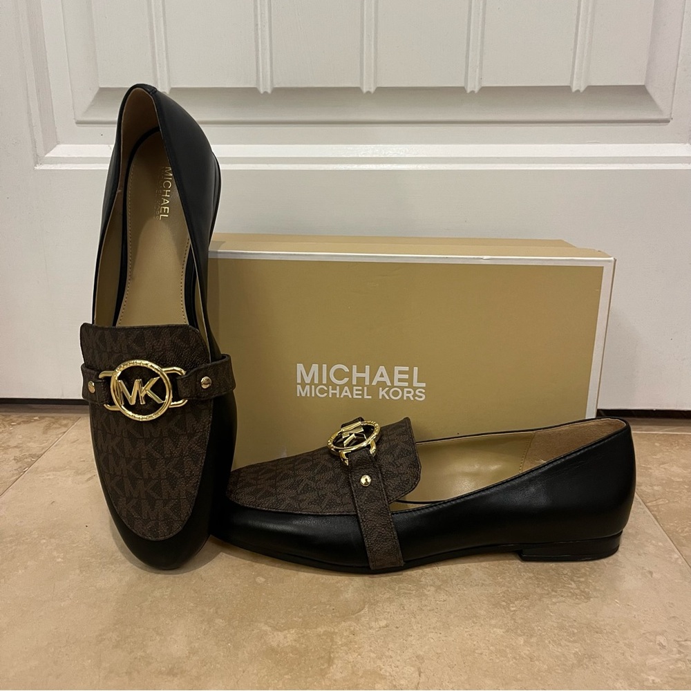 NWT Michael Kors Rory Leather Loafer- Black/Brown with Gold Hardware